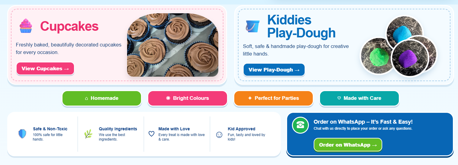 Cupcakes and Kiddies Play-Dough highlights, feature badges, trust information and WhatsApp ordering panel